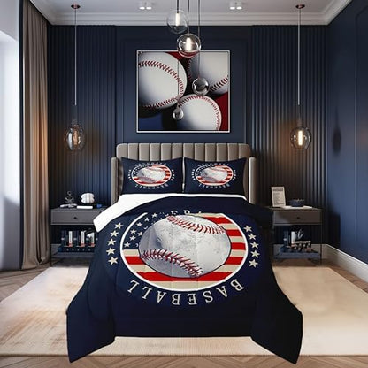 Castle Fairy Boys Baseball American Flag Comforter Set Queen Size Teens Sports Bedding Set Kids Boys Girls Bedroom Decoration Baseball Bed Duvet Insert Navy and Red Comforter with 2 Pillowcase