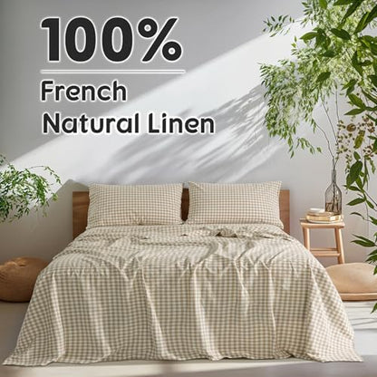 SONORO KATE 100% French Linen Queen Size Sheets Set,Natural Flax Bedding