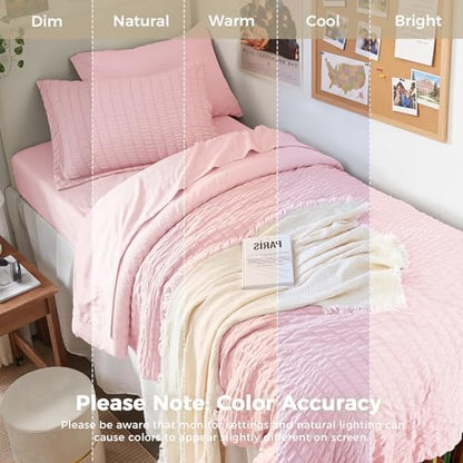 HYMOKEGE Pink Twin XL Comforter Set Seersucker 5 Pieces, All Season Luxury Bed in a Bag for Bedroom, Bedding Set with Comforter, Sheets, Pillowcase & Sham