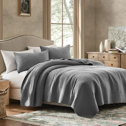 WDCOZY 100% Cotton Queen Size Quilt Set, Channel Pick Stitch, Grey