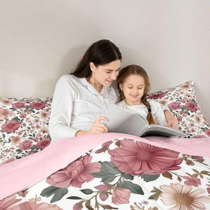 Castle Fairy Vintage Floral Leaf Comforter Set Twin Size,Romantic Pink Flowers Leaves Bedding Set,Kids Boys Adults Bedroom Decor,Country Farmhouse Super Soft Duvet Insert,1 Pillowcase