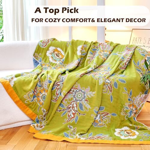 VANJOROY Boho Throw Blanket 80" x 90", 100% Organic Cotton Breathable Ultra Soft Bed Quilt Throw - All Season Luxury Floral Farmhouse Decor Blanket for Sofa Couch Chair and Gift. Green/Blue