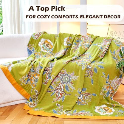 VANJOROY Boho Throw Blanket 60" x 80", 100% Organic Cotton Breathable Ultra Soft Bed Quilt Throw - All Season Luxury Floral Farmhouse Decor Blanket for Sofa Couch Chair and Gift. Green/Blue