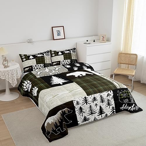 Bear Comforter Set Queen Size,Pine Trees Animals Hunting Bedding Set for Kids Boys Girls Adults Room Decor,Camping Adventure Rustic Farmhouse Down Comforter,Green Plaids Duvet Insert,2 Pillowcases