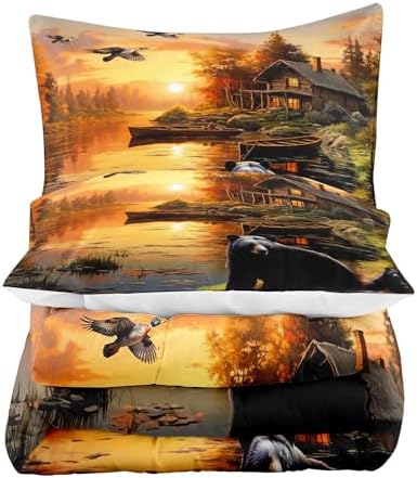 LUVIVIHOME 3PCS Black Bear Comforter Set Full Size, Rustic Cabin Bedding, Forest Animals Mallard Duck Wildlife Hunting Hunter Country Lodge Farmhouse Bedroom Decor, Microfiber Quilt, 2 Pillow Shams