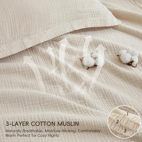 PHF 100% Cotton Muslin Duvet Cover Queen Size 3-Layer, 90"x90", Natural