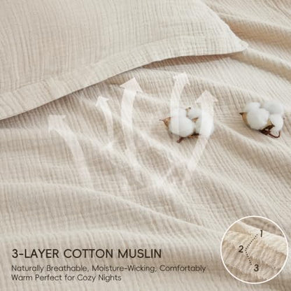PHF 100% Cotton Muslin Duvet Cover Queen Size 3-Layer, 90"x90", Natural