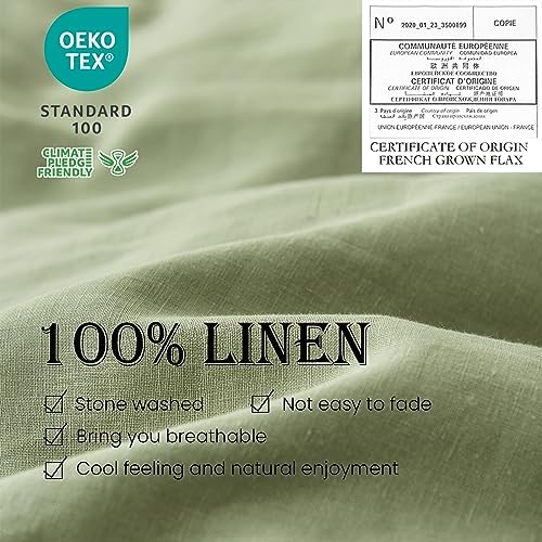 Simple&Opulence 100% Linen Duvet Cover Set 3pcs Basic Style Natural French Washed Flax Solid Color Soft Breathable Farmhouse Bedding with Button Closure - Sage Green, Queen