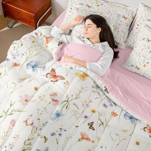 Erosebridal Boho Floral Full Comforter Set with Sheets 7 Piece Cute Colorful Flowers Bed in A Bag Bohemian Wildflower Bedding Sets for Kids Girls Women,Watercolor Flower Butterflies Bed Set