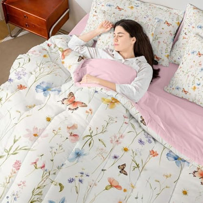 Erosebridal Boho Floral Full Comforter Set with Sheets 7 Piece Cute Colorful Flowers Bed in A Bag Bohemian Wildflower Bedding Sets for Kids Girls Women,Watercolor Flower Butterflies Bed Set