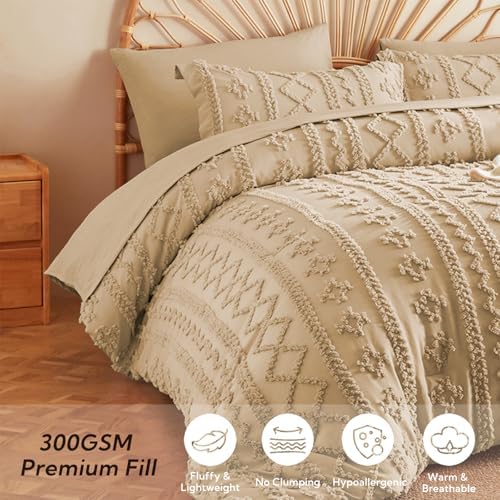 MR&HM Queen Comforter Set 7 Pieces, Fluffy Tufted Boho Beddding Set Khaki