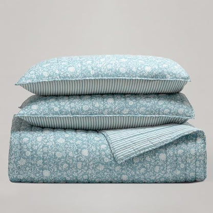 Wonderful Cotton Gauze Quilt Set Queen Size Blue Floral Bed Cover for All Season,Reversible Voile Quilt Bedding Sets with Pillow Shams for Queen Bed, Floral Bedspread Coverlet Set