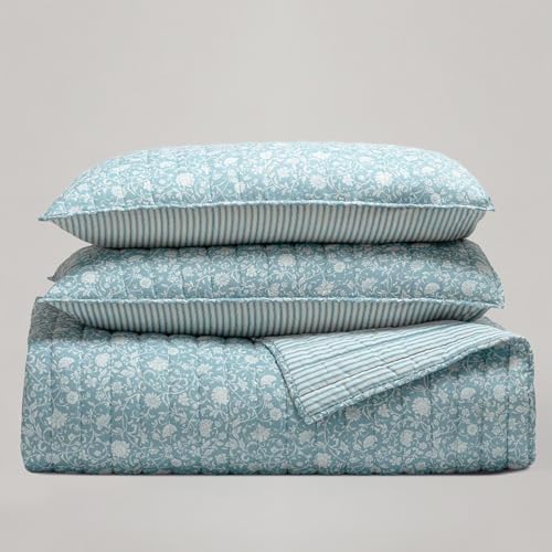 Wonderful Cotton Gauze Quilt Set King Size Blue Floral Bed Cover for All Season,Reversible Voile Quilt Bedding Sets with Pillow Shams for King Bed, Floral Bedspread Coverlet Set
