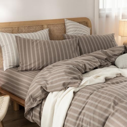 BESTOUCH Striped Cotton Duvet Cover Set Linen Feel Full