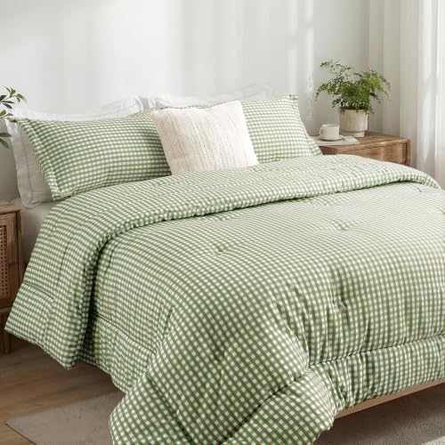 Twin XL Comforter Set, Fluffy Green Gingham Plaid Bedding, 3 Pieces