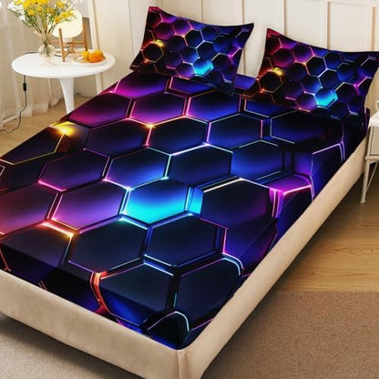 HOSIMA Geometric Hexagon Queen Bedding Sets,1 Fitted Sheet+2 Pillowcases.