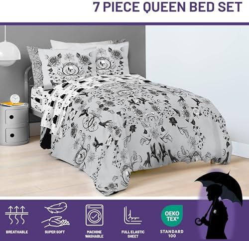 Wednesday Addams Queen Comforter Set 7 Piece Floral Bedding for Girls, Gray