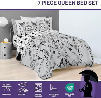 Wednesday Addams Queen Comforter Set 7 Piece Floral Bedding for Girls, Gray