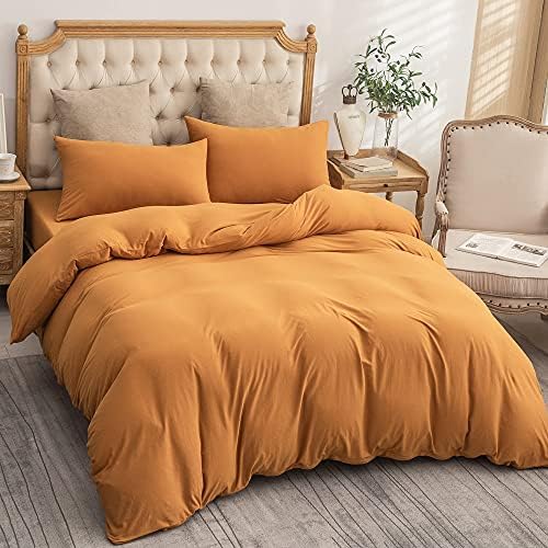 PURE ERA Jersey Knit Duvet Cover Set Solid Burnt Orange Queen