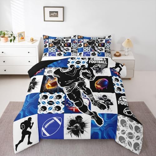 Erosebridal Sports Bedding Sets King - Football Patchwork Comforter Set for Kids Adults Geometric Ball Pattern Duvet Insert Rugby Game Quilt