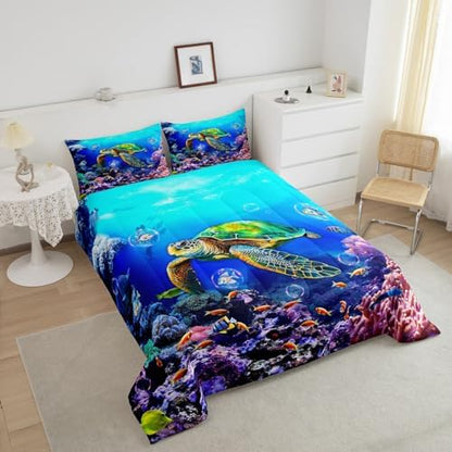 Sea Turtle Comforter Set Queen Size,Ocean Underwater World View Quilt Set Cute Colorful Fish Coral Bedding Set for Kids Girls Boys Adult Room Decor,Blue Hawaii Style Beach Duvet Insert 3Pcs