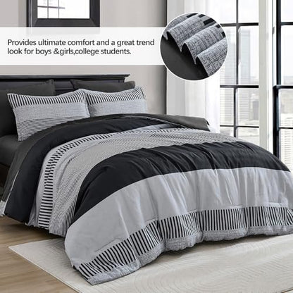 Kids Comforter Sets for Boys&Girls,Dark Gray Striped Comforter Full Size