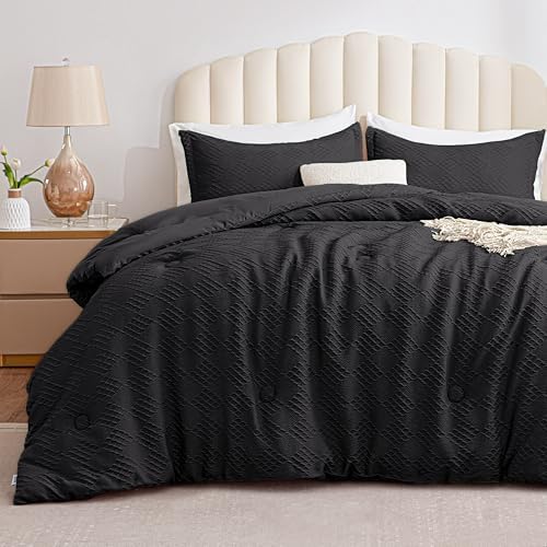EXQ Home Waffle Comforter King Size - Super Soft Embossed Design Comforter Set 3 Pieces, Black 3D Diamond Pattern Bedding Set,Winter Warm Bed Set,1 Comforter with 2 Pillowcases