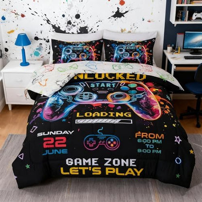 Full Size Bedding Set for Boys, Kids Teens Gamer Comforter Set 5 Pieces