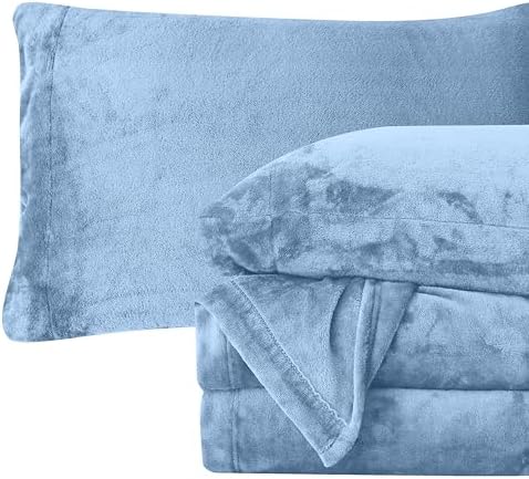 Elegant Comfort Luxuriously Soft 4-Piece Velvet Plush Flannel Sheet Set - Premium Quality - Cozy Warm, Anti-Static, Non Pilling Fuzzy Velvet Flannel Fleece Deep Pocket Sheet Set - King, Denim Blue