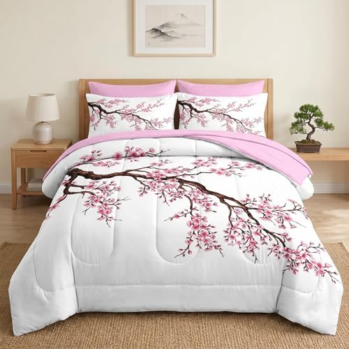Pamnest Full Comforter Set with Sheets, 7 Pieces Japanese Cherry Bedding