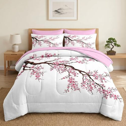 Pamnest Twin Comforter Set with Sheets, 5 Pieces Japanese Cherry Bedding