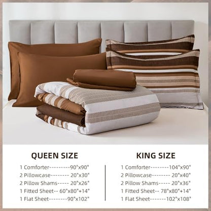 Dobuyly Fall Brown Comforter Full Size Set 7 Pieces, Boho Striped Bed in a Bag Full Soft Microfiber Bedding Set with Comforter, Sheets, Pillowcases & Shams