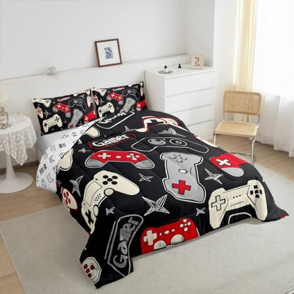 Kids Gamer Comforter Set King Size,Gaming Duvet Insert for Boys Teens Adults Room Decor,Video Games Controller Colorful Buttons Bedding Set 3Pcs,Hand Drawn Stars Gamepad Quilt Set,2 Pillowcases
