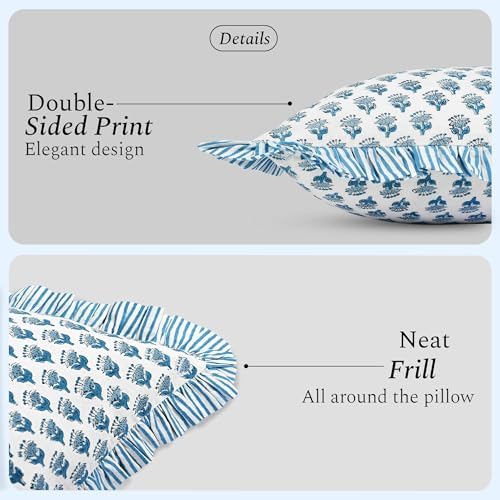 CPC Block Print Apatite Blue Ruffle Cotton Lumbar Pillow Cover 20x54 inch