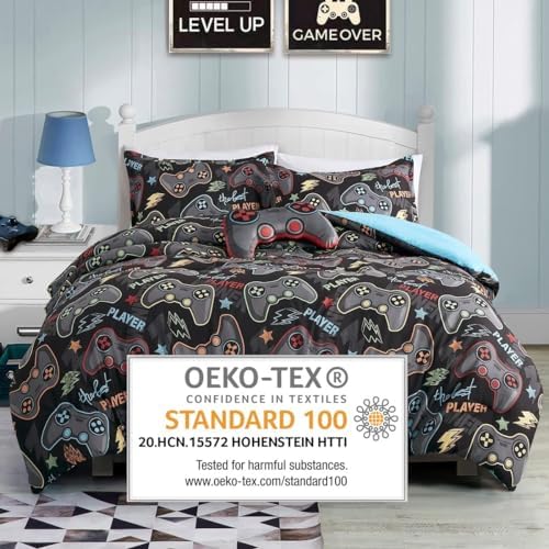 Gray Blue Color Gaming Full Size 5 Piece Comforter Set for Gamer Video Games player Bedding for Teen, Bedding for all seasons, Plush Controller Pillow, fitted sheet and pillow sham Included (Full)