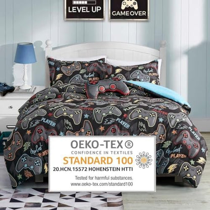 Gray Blue Color Gaming Full Size 5 Piece Comforter Set for Gamer Video Games player Bedding for Teen, Bedding for all seasons, Plush Controller Pillow, fitted sheet and pillow sham Included (Full)