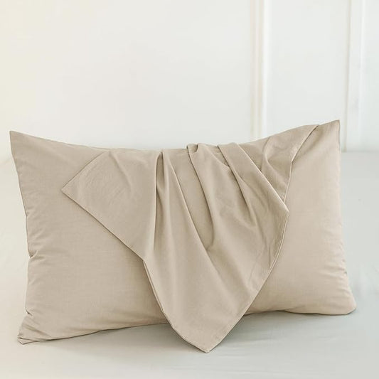 MooMee Bedding Pillowcases Pack of 4 100% Washed Cotton Linen Like Textured Breathable Durable Soft Comfy (Heathered Almond Milk Grey, King)