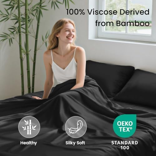 Love's cabin 3 Piece Twin XL Sheet Set, 100% Rayon Derived from Bamboo, Cooling & Breathable, Soft Silky Deep Pocket up to 16", Hotel Luxury Bedding for Hot Sleepers, Black