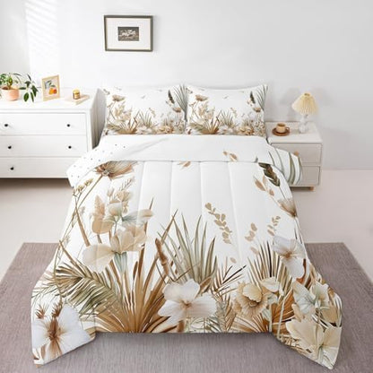 jejeloiu Brown Floral Leaves Comforter Set King Size Kids Boho Bedding Set for Boys Girls Teens Bohemian Duvet Breathable Spring Wildflower Quilt Bedroom Decor,1 Comforter with 2 Pillowcase