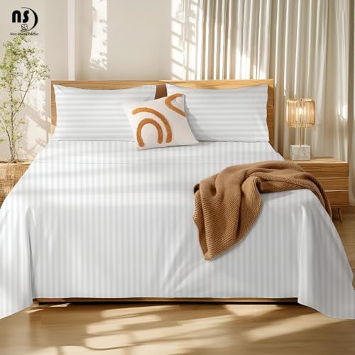 NON Sticky cotton California King 4 Piece Sheet Set, 100% Long Staple Cotton, Soft Cooling Hotel Luxury Bedding Sheets, Deep Pocket Fits 10" to 18" Mattress, 72" x 84", White Stripe