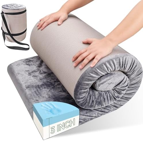 Memory Foam Camping Mattress pad,3 Inch Thick Floor Sleeping Mat Pad for Adults with Waterproof and Non-Slip Bottom, Portable Roll Up Mattress for Sleepover Guest