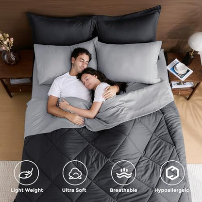 HEVUMYI 7-Piece Queen Comforter Set, Dark & Light Grey Bed in a Bag