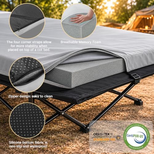 CYMULA Camping Cot Pad 2 Inch Memory Foam, Pad Only,Camping Pad for Folding Cot and Foldable Cot, Portable Roll Up Camp Gear for Car Camping Travel Tent, Non-Slip Waterproof Bottom, Removable Cover