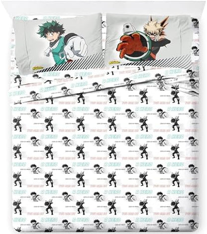Jay Franco Kids Sheet Set with Fitted, Flat Sheets & Pillow Cover - Ultra-Soft Bedding with Pillowcase for Room Decor, White - My Hero Academia, 4 Piece Queen