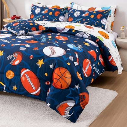 A Nice Night 6Pc Basketball Comforter Bedding Set for Kids Teen,Navy,Queen