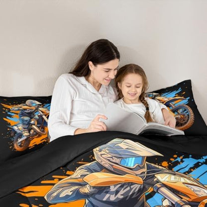 Feelyou Dirt Bike Bedding Set Soft for Boys Girls, Racing Motocross Rider Comforter Set Full Size Extreme Sports Duvet Quilt Microfiber Motorcycle Bedroom Decor Motorbike 3 Pcs with 2 Pillow Cases