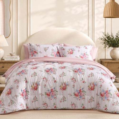 BLOOMHAVEN Queen Comforter Set-7 Pieces Pink Floral Bed in a Bag Queen