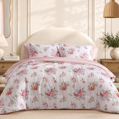BLOOMHAVEN Queen Comforter Set-7 Pieces Pink Floral Bed in a Bag Queen