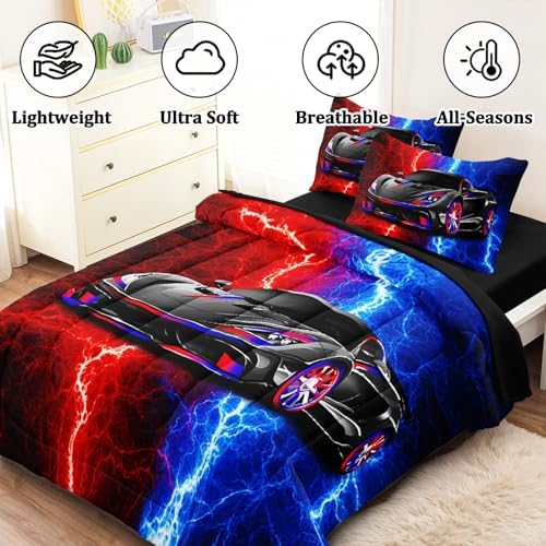 5 Pcs Twin Car Bedding Sets for Boys Teen, Red Blue Lightnings Car Twin Comforter Set for Boys, Twin Boy Bedding Set