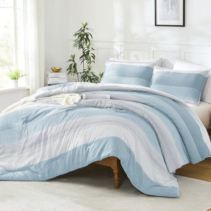 Litanika Light Blue California King Comforter Set - 3 Pieces Stripe Bed Set